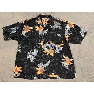 Red Turtle Mens Hawaiian Shirt Large Black Orange Floral Rayon Camp Button Down